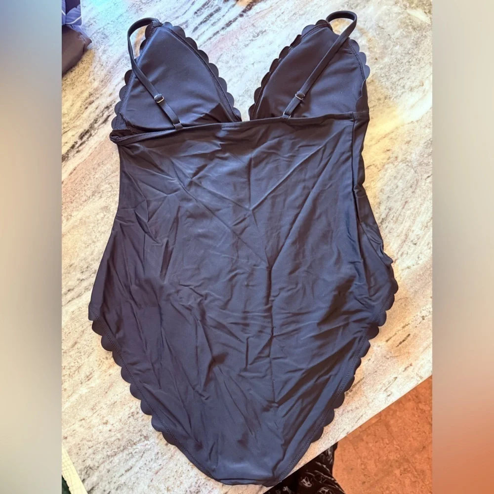 J. Crew Women’s Black Scalloped One Piece Swim Suit - Size Large